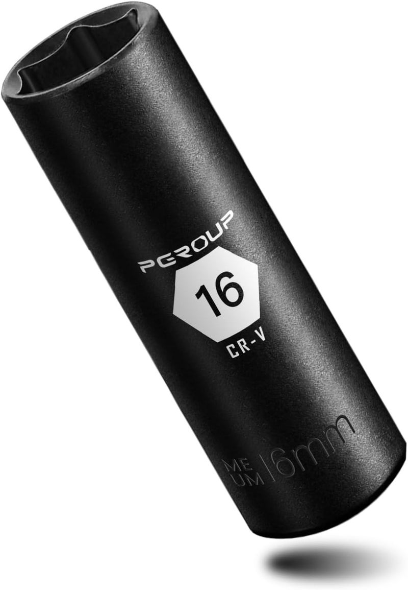 pgroup 3/8” Drive Deep Impact Socket, Metric(16mm socket), 6-Point, Cr-V Steel With Black Manganese Phosphate Coating - Image 1